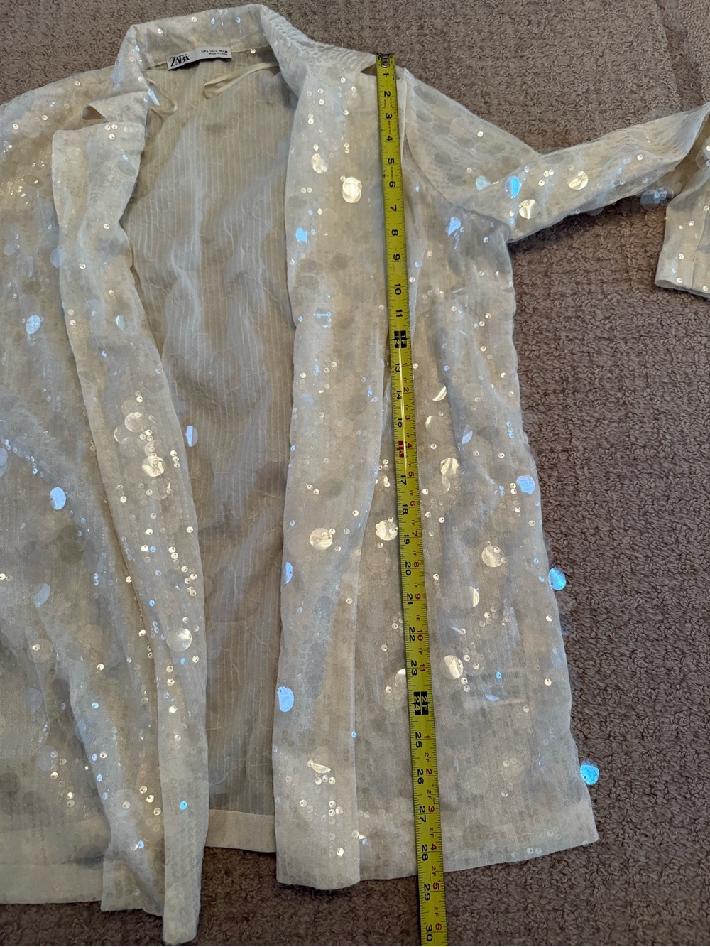 Zara Sheer Sequin Blazer Jacket Ivory Iridescent Open Front Party Size L Large - Picture 3 of 7